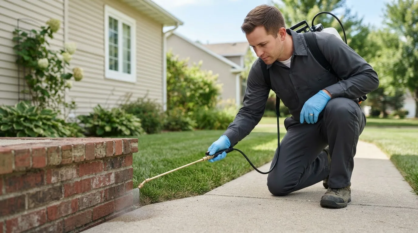 Pest control technician treating a home near Bonanza, UT